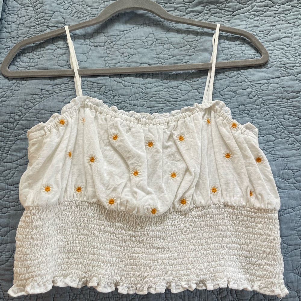 American Eagle White Tank with Yellow flower Embroidery